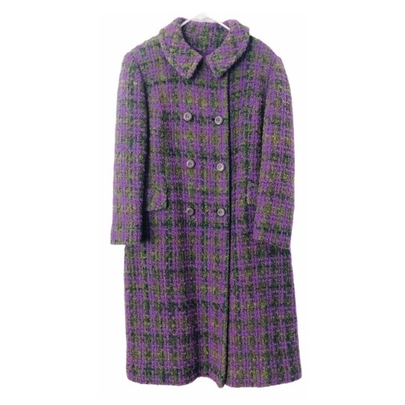 Vintage 60s Wool Bouclé Tweed Peacoat Purple Green M - Picture 1 of 5